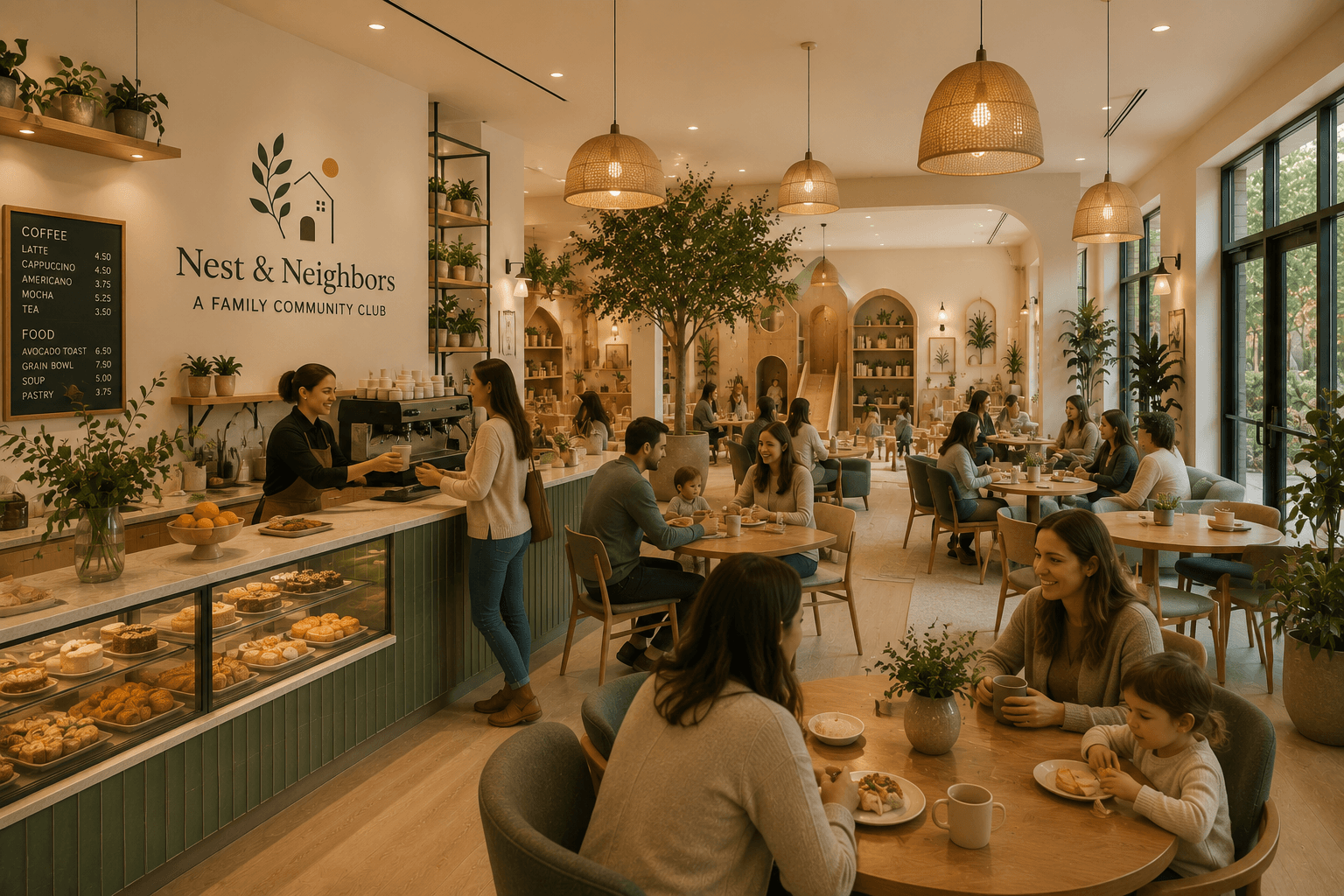 Planned café with shared dining tables and natural light