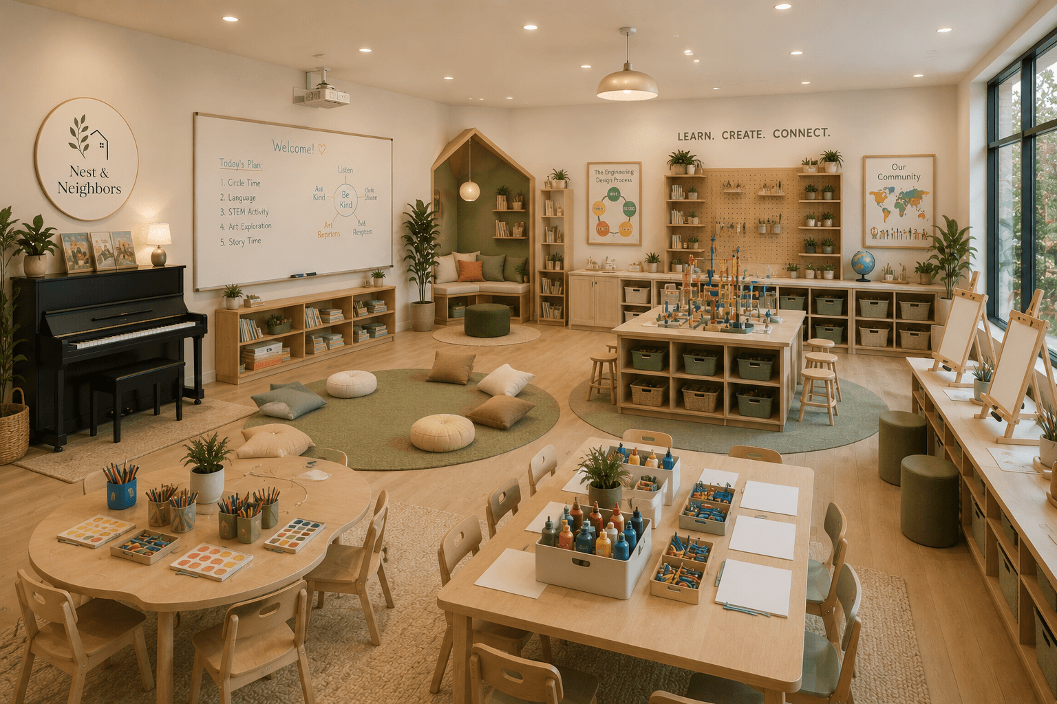 Planned children’s studio with piano, whiteboard, and creative class space