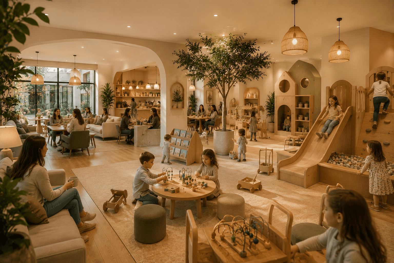 Planned indoor free-play area connected to the main community lounge