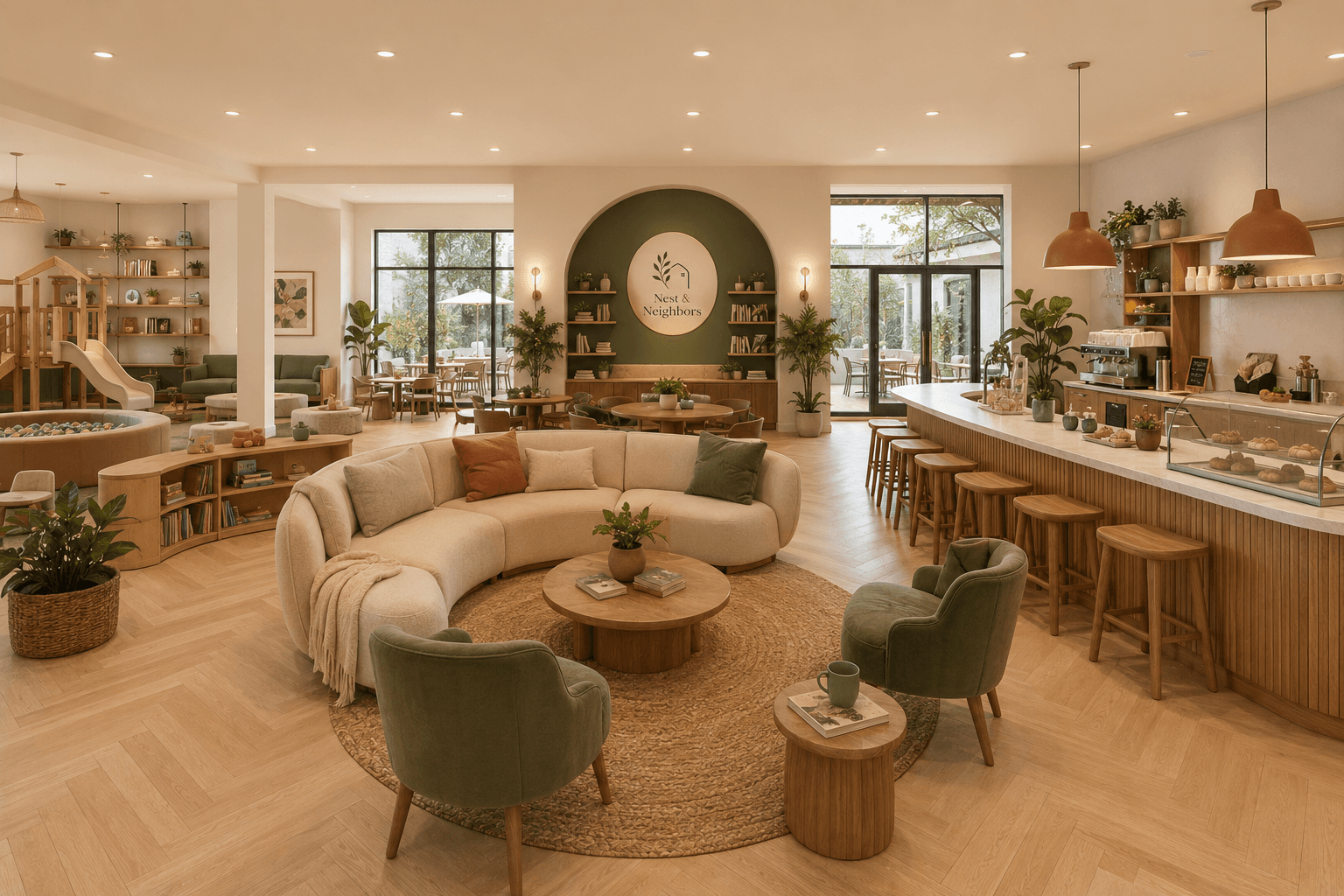 Planned community lounge with soft seating and natural light