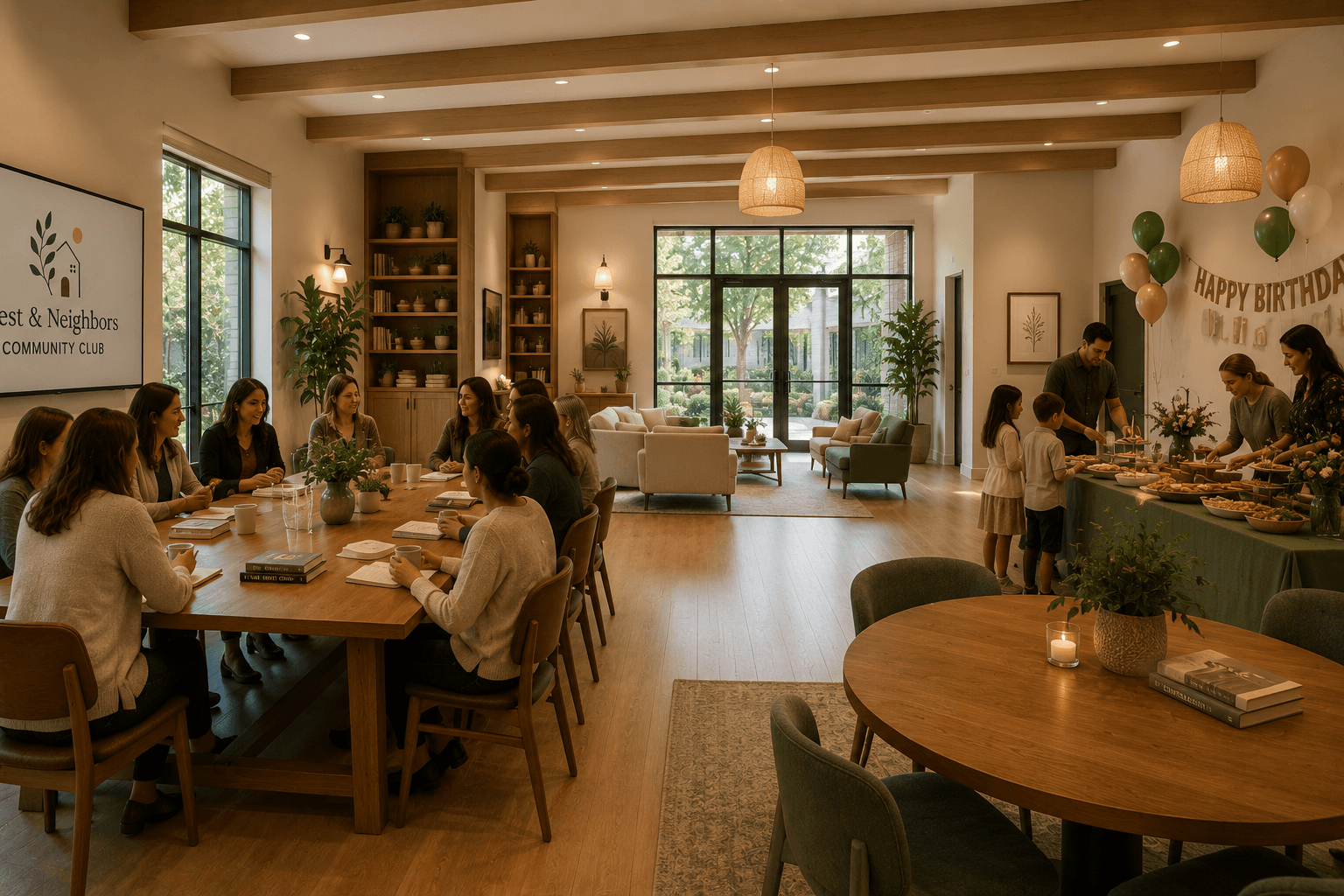 Planned multipurpose room for member parties, workshops, and gatherings