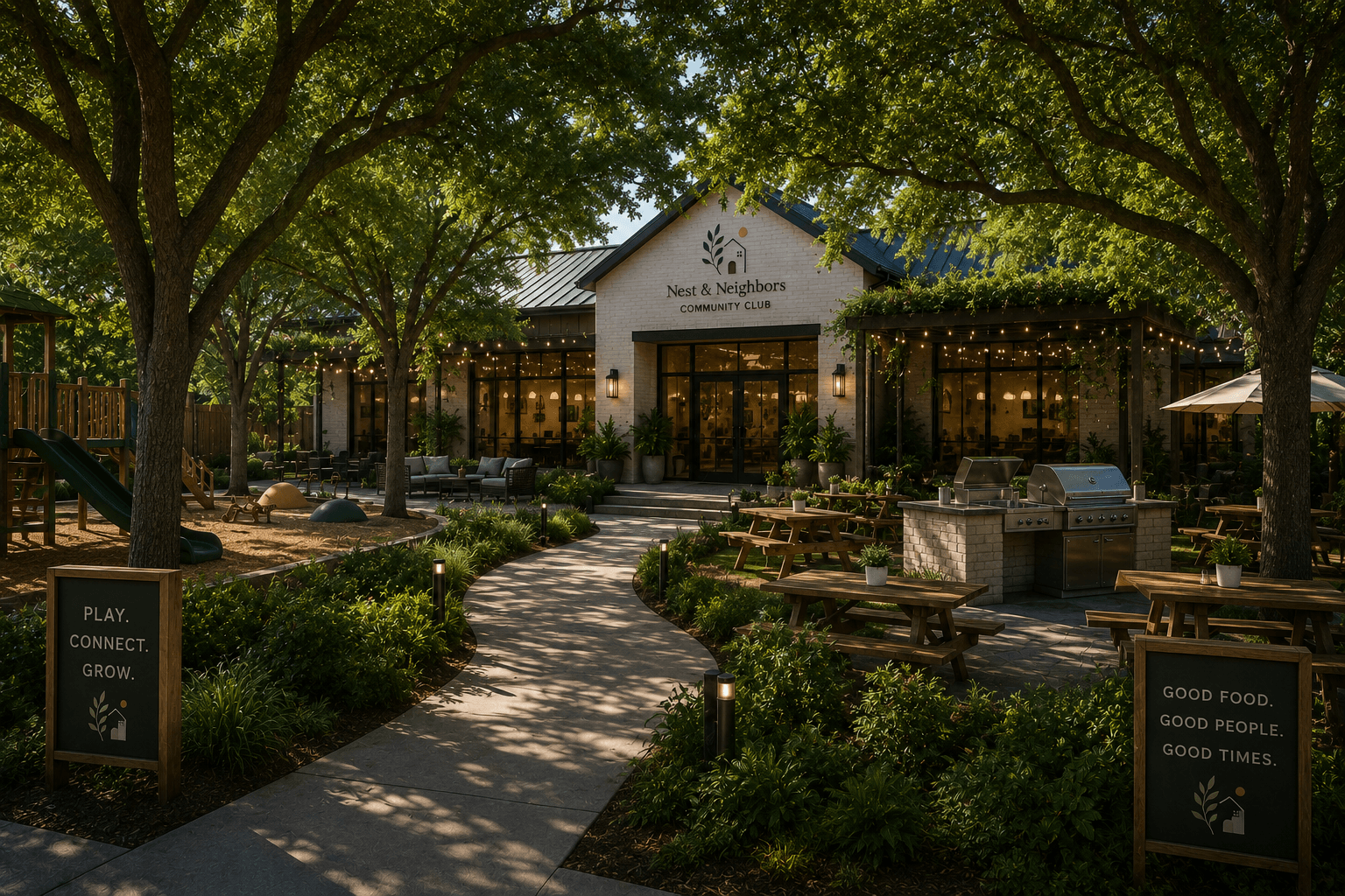 Planned private outdoor garden with shade trees, picnic tables, and play