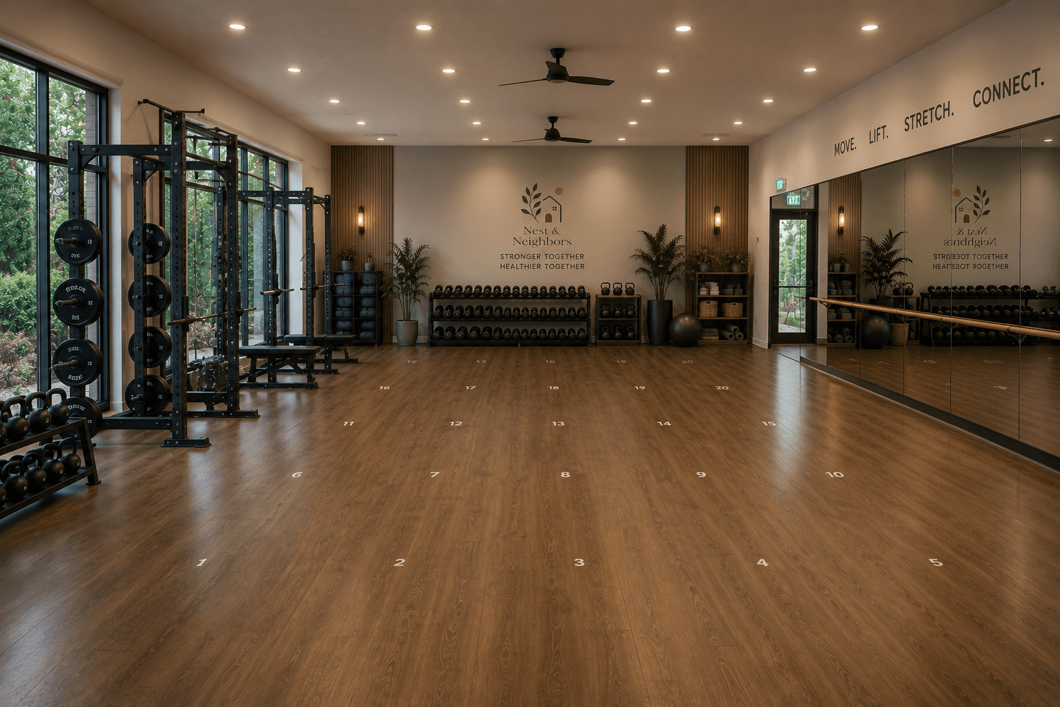 Planned fitness studio with mirrored wall and training space